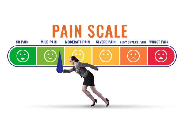 Pain scale infographic with a businesswoman pointing to the 'mild pain' level, illustrating varying levels of discomfort from no pain to worst pain.