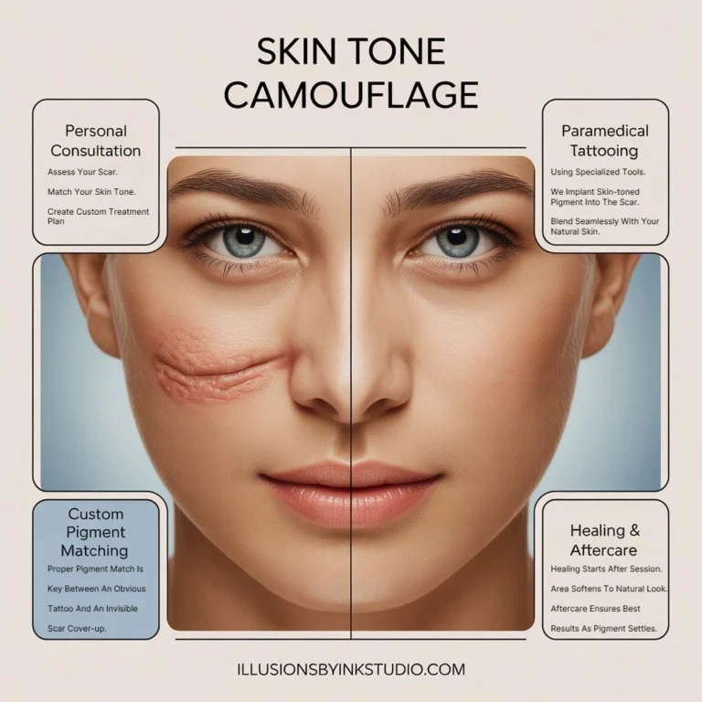 Infographic showing the step-by-step scar camouflage process for facelift necrosis using skin tone tattooing at Illusions by Ink Studio.