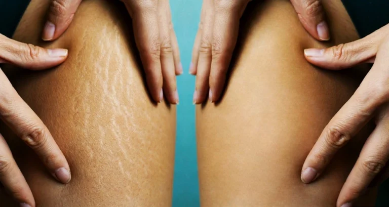 Before and after image of a woman’s thigh showing stretch marks visibly reduced through skin tone camouflage tattooing.