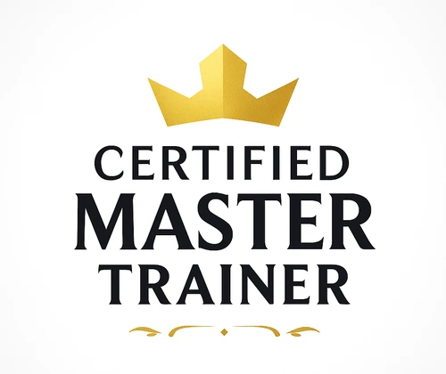 Gold crown logo with the words “Certified Master Trainer” representing Elena Sanchez’s elite training status at Illusions by Ink Studio.