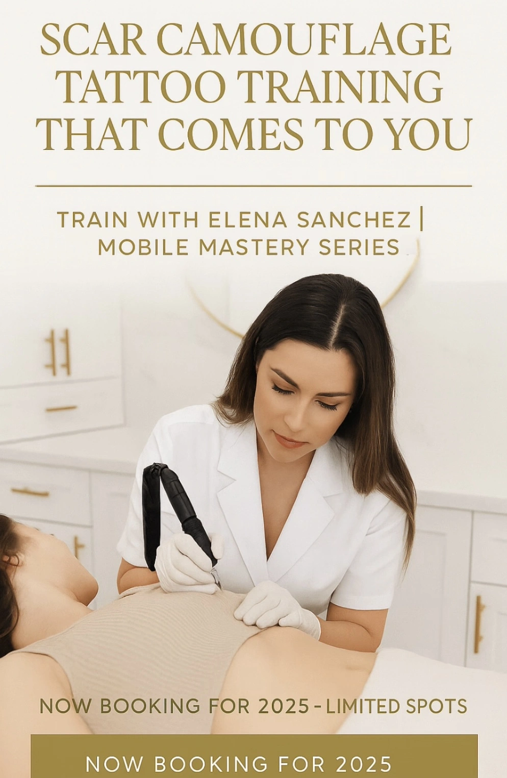 Elena Sanchez tattooing a client during a scar camouflage session, promoting Illusions by Ink Studio’s Mobile Mastery Series™ — a 2025 on-location training program in paramedical tattooing.