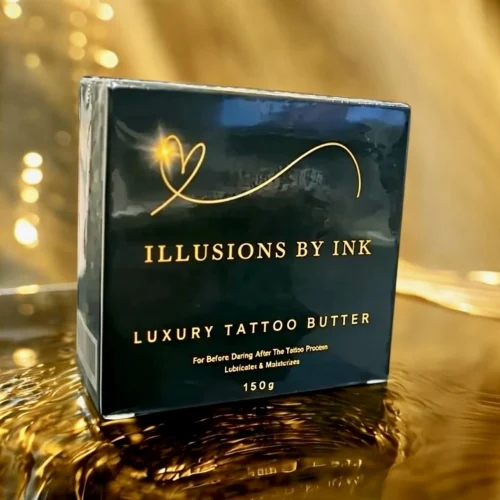 Illusions by Ink Luxury Tattoo Butter product used for aftercare of paramedical tattoos, placed on a reflective gold surface.